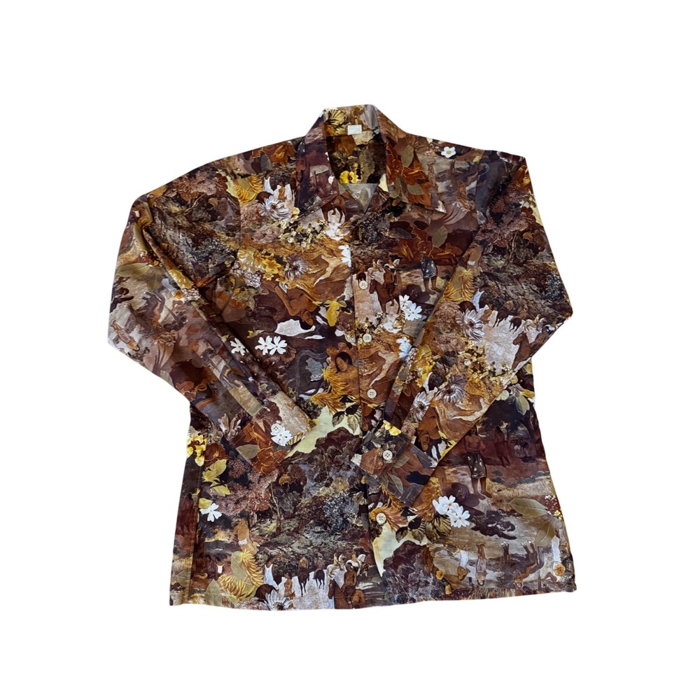 VTG 70s Disco Scenic Island Life Equestrian Print Button Up Shirt Brown Mens M